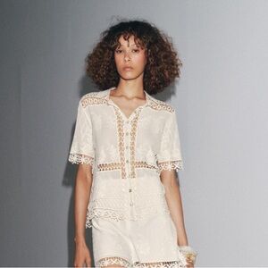 Zara Ivory Crochet Lace Short-Sleeve Button-Up Top